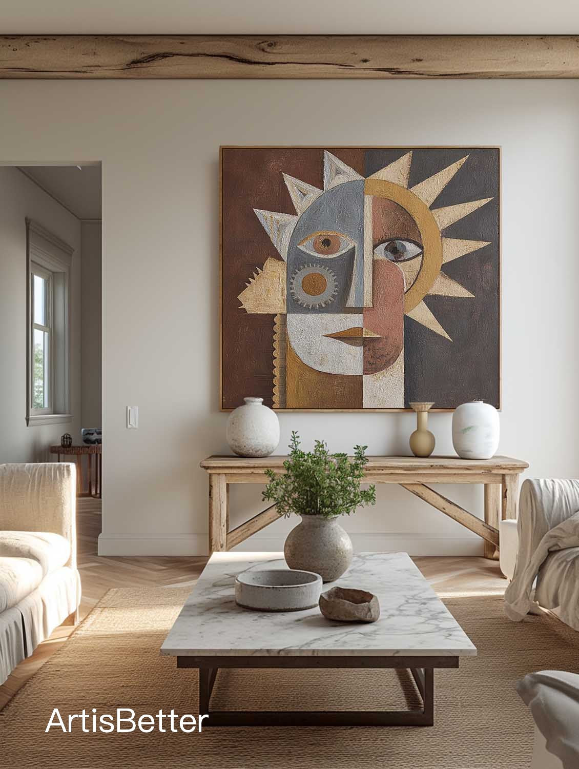 Large Textured Geometric Abstract Face Painting Contemporary Textured Abstract Sun Canvas Brown Canvas Wall Art