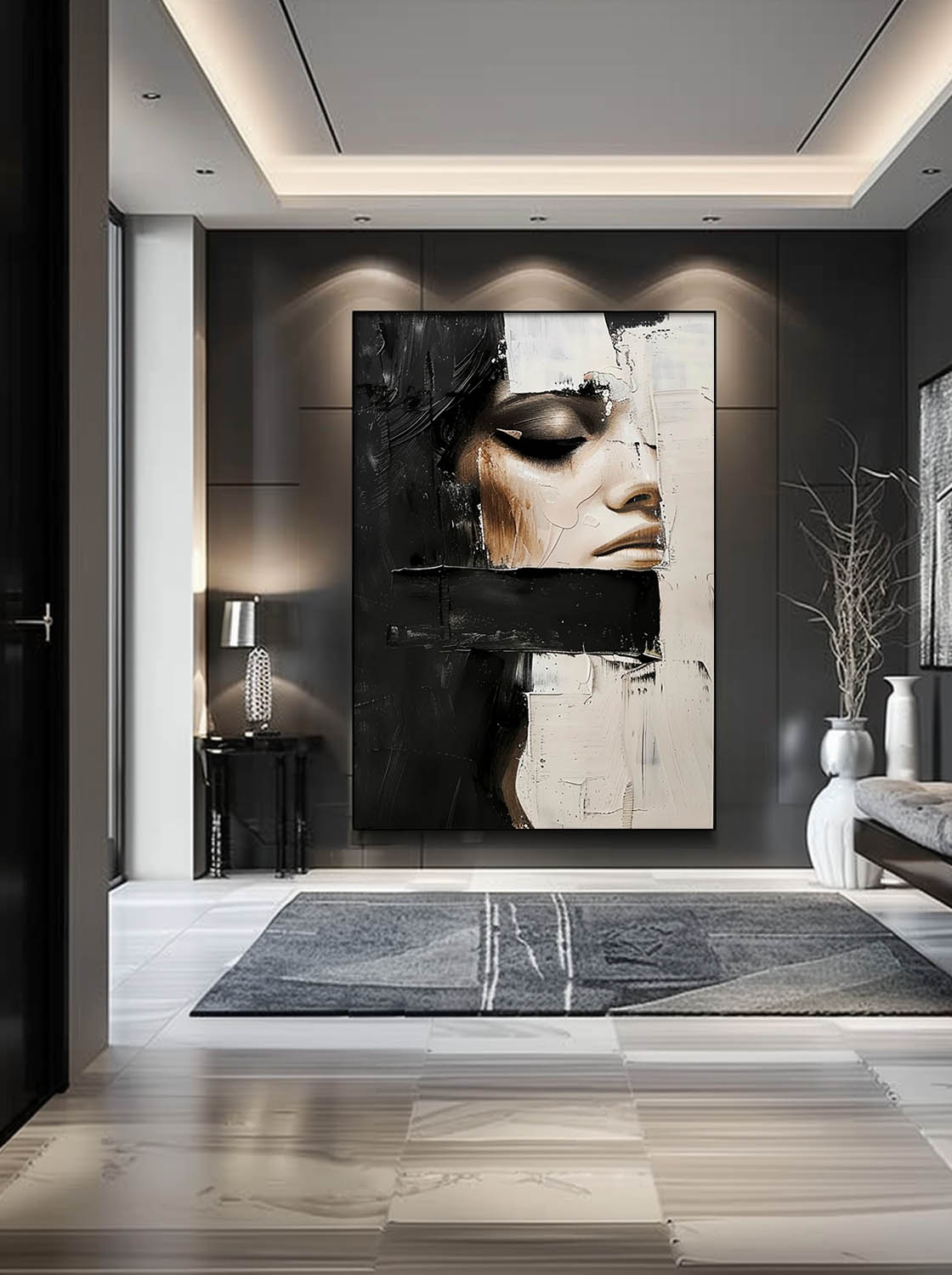 Vintage Abstract Lady Painting Black And Beige Woman Painting Decor Original Woman Face Canvas Art Faceless Painting Art