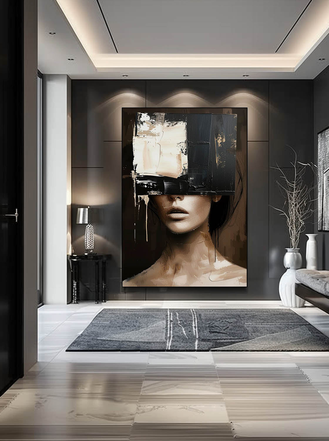 Vintage Black Beige Female Portrait Retro Neutral Female Portrait On Canvas Large Abstract Female Portrait Canvas Art