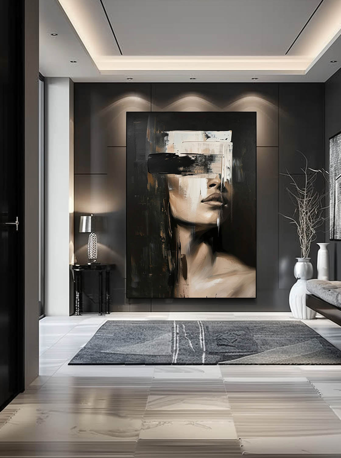 Retro Neutral Female Portrait Oil Painting Vintage Textured Canvas Art Minimalist Female Portrait Decor