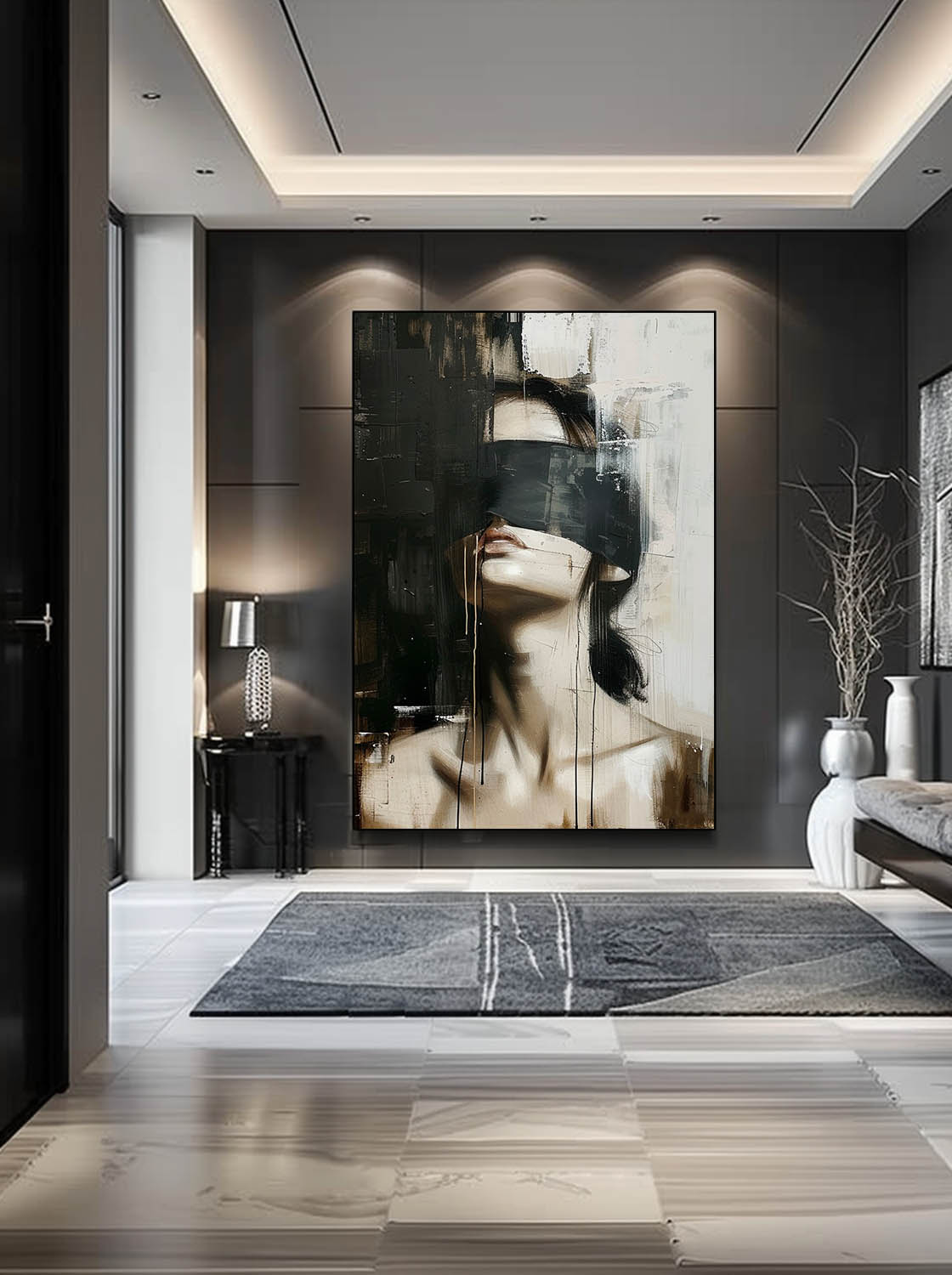 Large Faceless Portrait Wall Art Vintage Woman Portrait Oil Painting Large Black And Beige Abstract Painting
