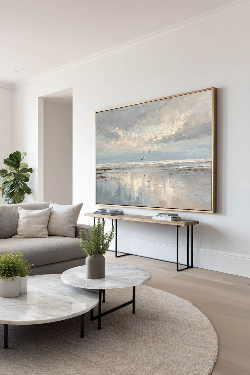 Original Beige And Blue Seascape Oil Painting Large Minimalist Seascape Wall Art Handmade Textured Blue Beach Painting