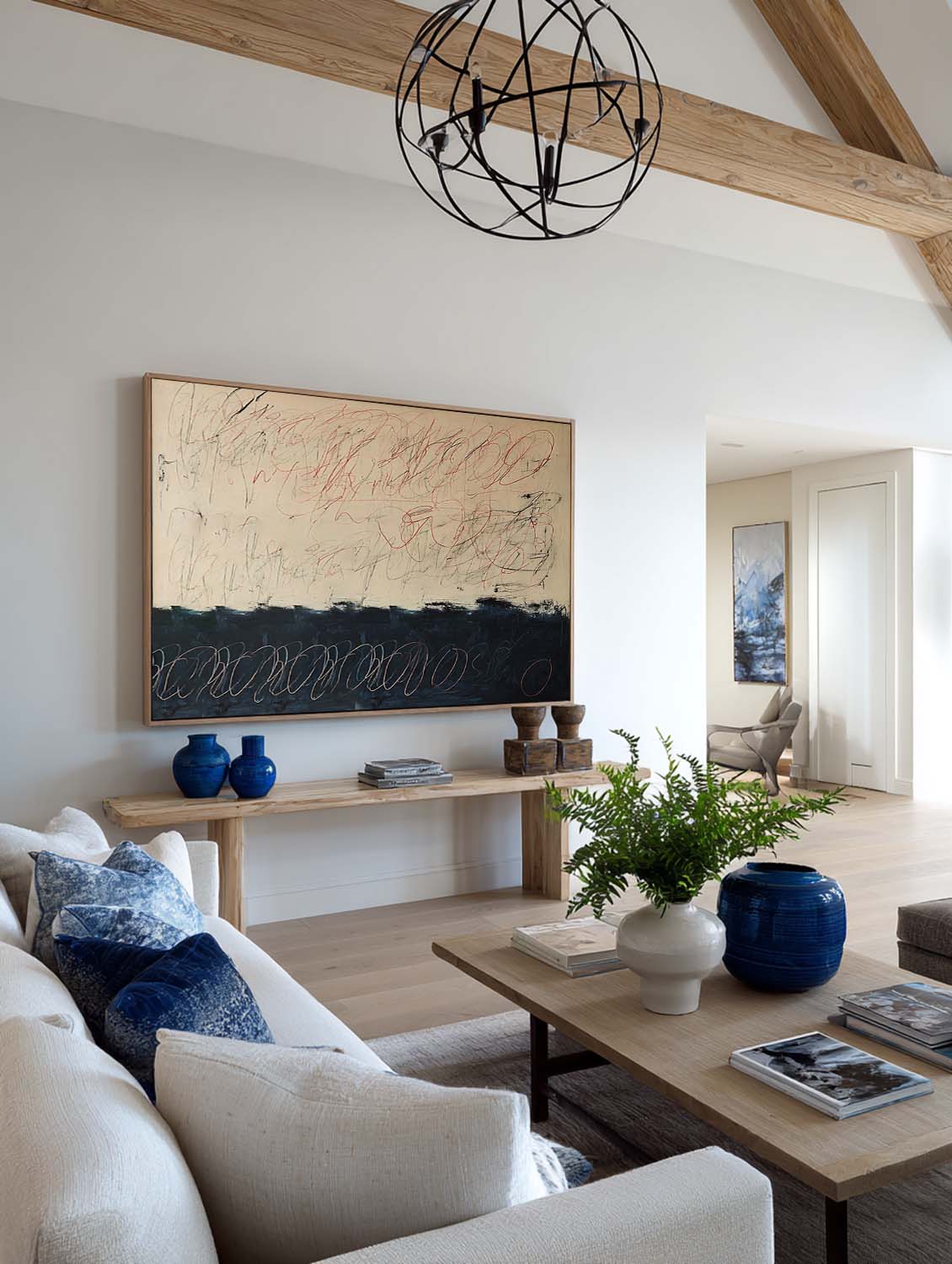Large Horizontal Beige And Black Abstract Oil Painting Original Minimalist Beige Line Artwork For Modern Interiors