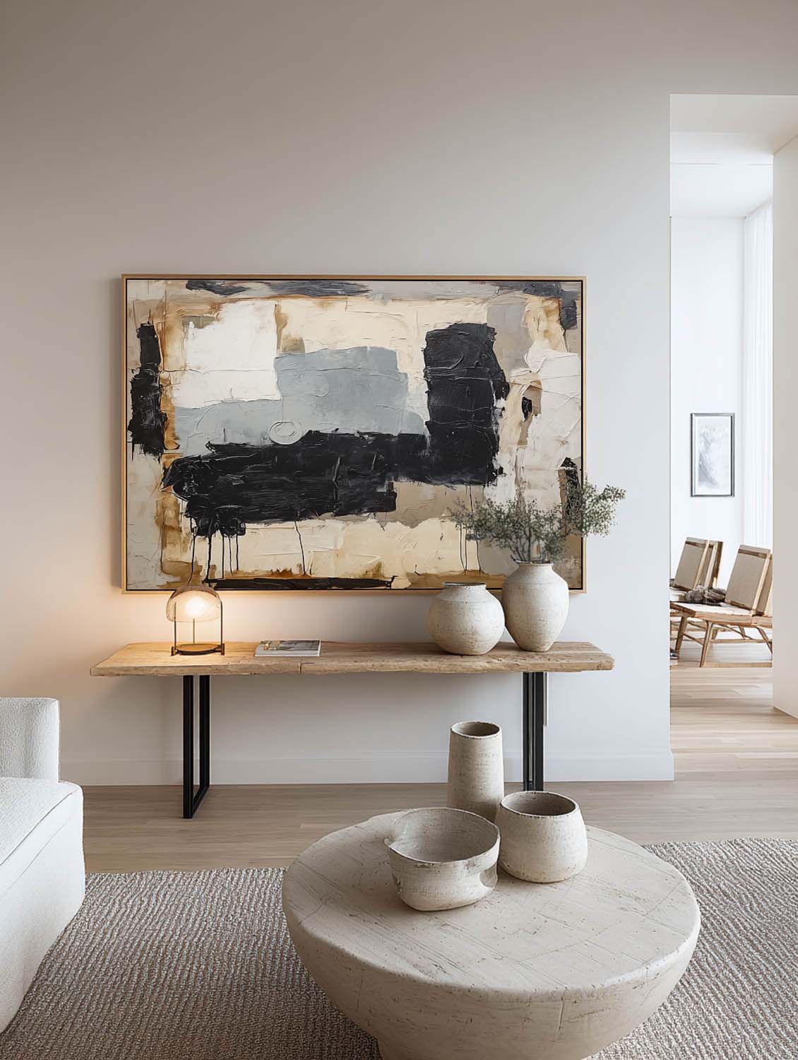 Large Minimalist Beige Gray And Black Abstract Painting Contemporary Abstract Beige And Black Canvas Decor