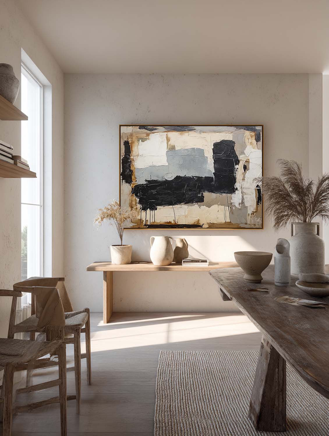 Large Minimalist Beige Gray And Black Abstract Painting Contemporary Abstract Beige And Black Canvas Decor