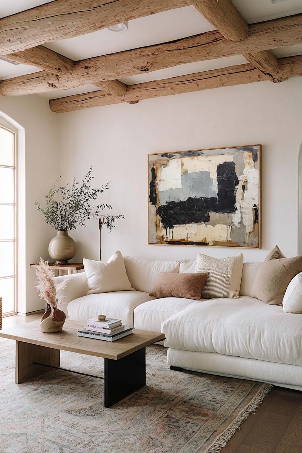 Large Minimalist Beige Gray And Black Abstract Painting Contemporary Abstract Beige And Black Canvas Decor
