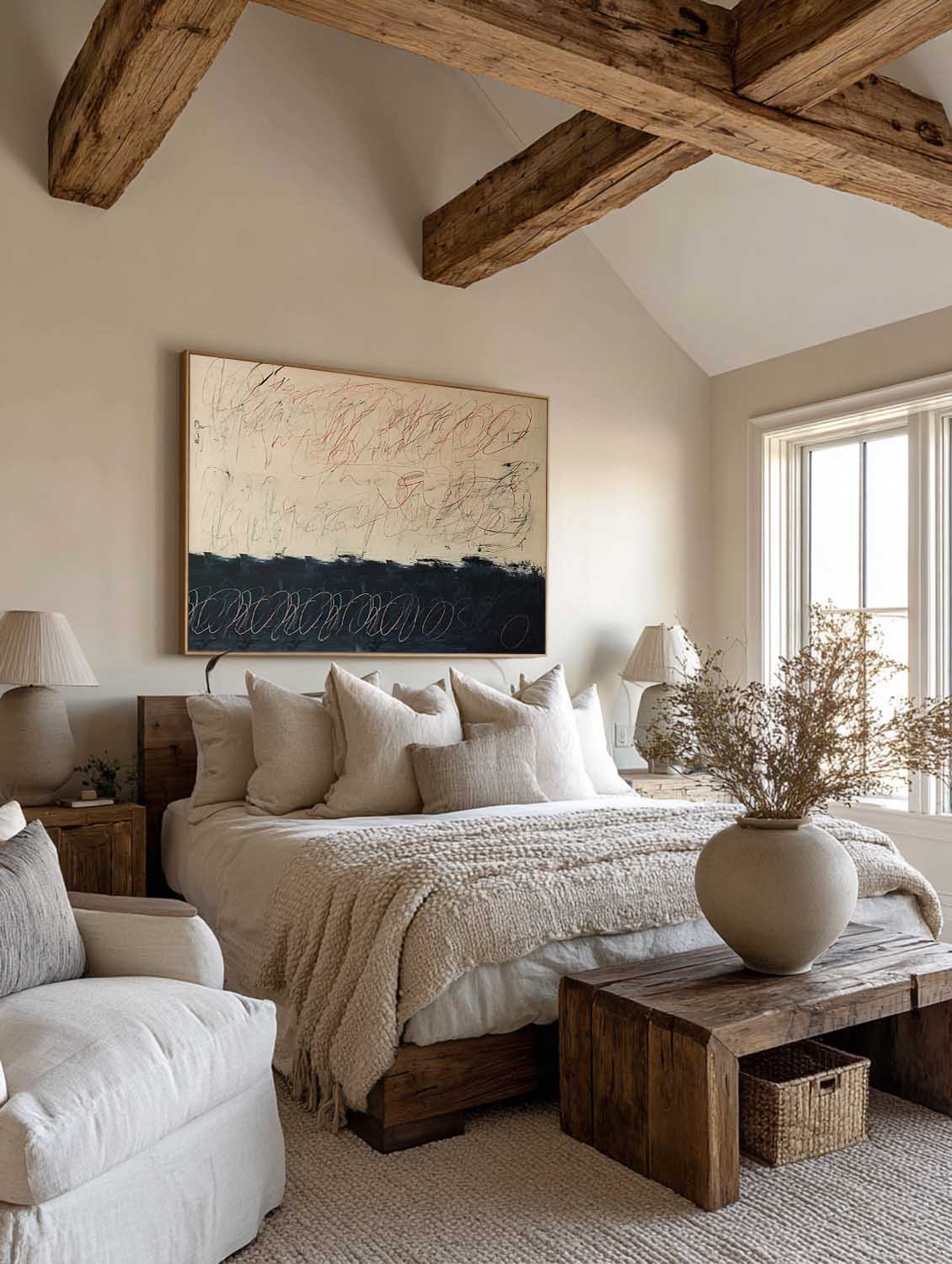 Large Horizontal Beige And Black Abstract Oil Painting Original Minimalist Beige Line Artwork For Modern Interiors