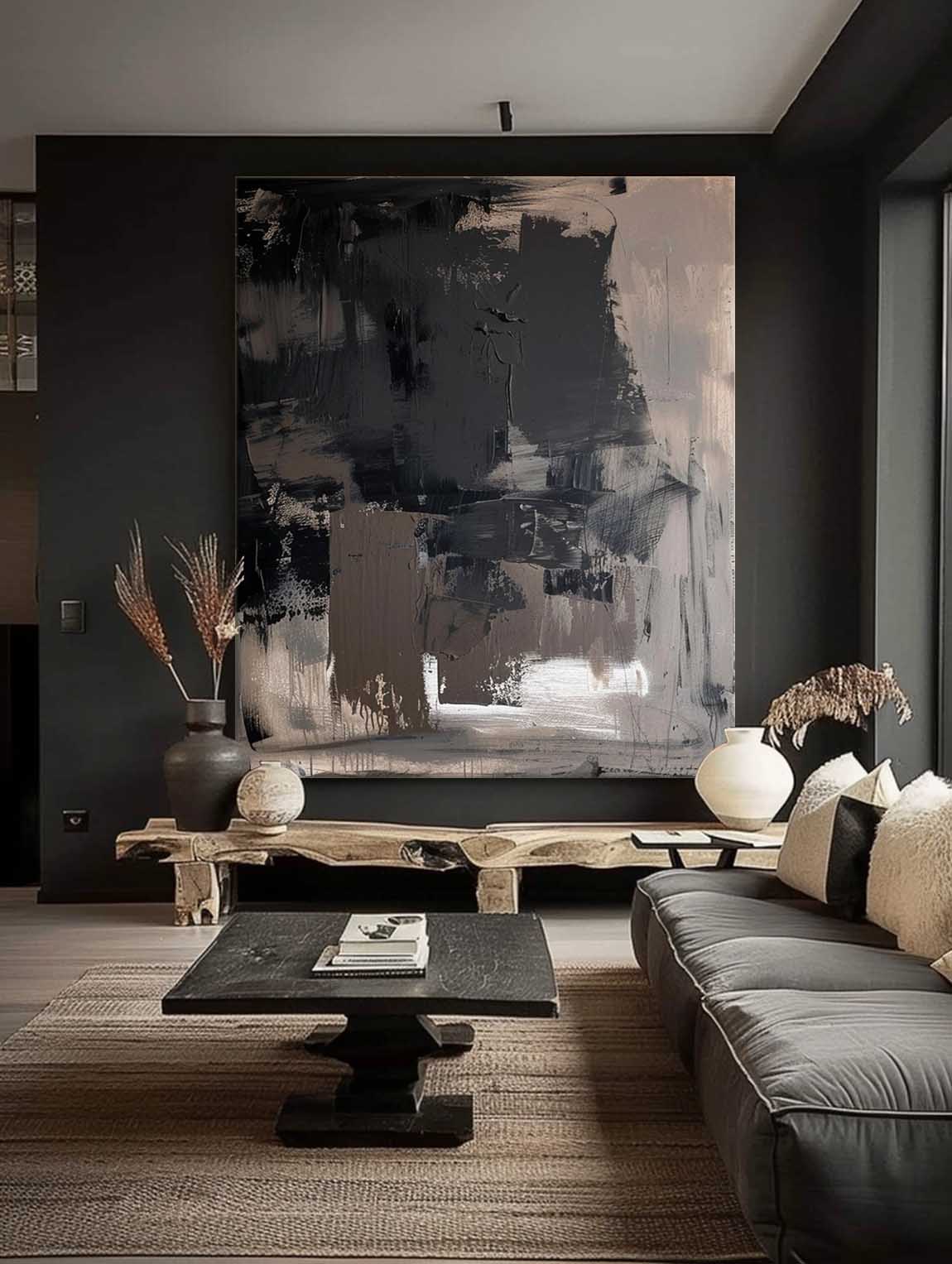 Large Brown And Black Minimalist Abstract Painting Black Wabi Sabi Wall Art Vintage Black Brown Wall Painting