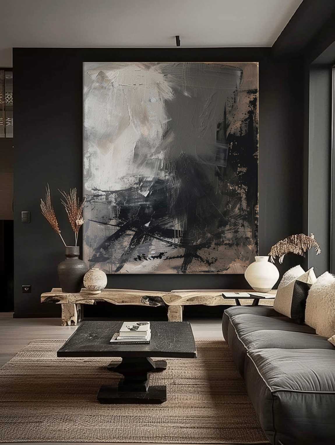 Vintage Black Grey Canvas Art Neutral Grey Black Painting On Canvas Original Black Abstract Wall Art