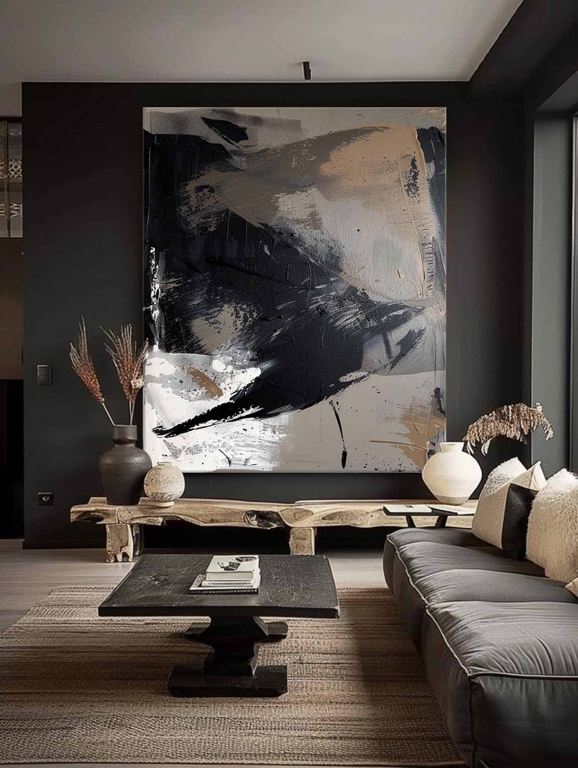 Vintage Black And Grey Abstract Wall Art Original Black Texture Painting Black And White Abstract Textured Painting