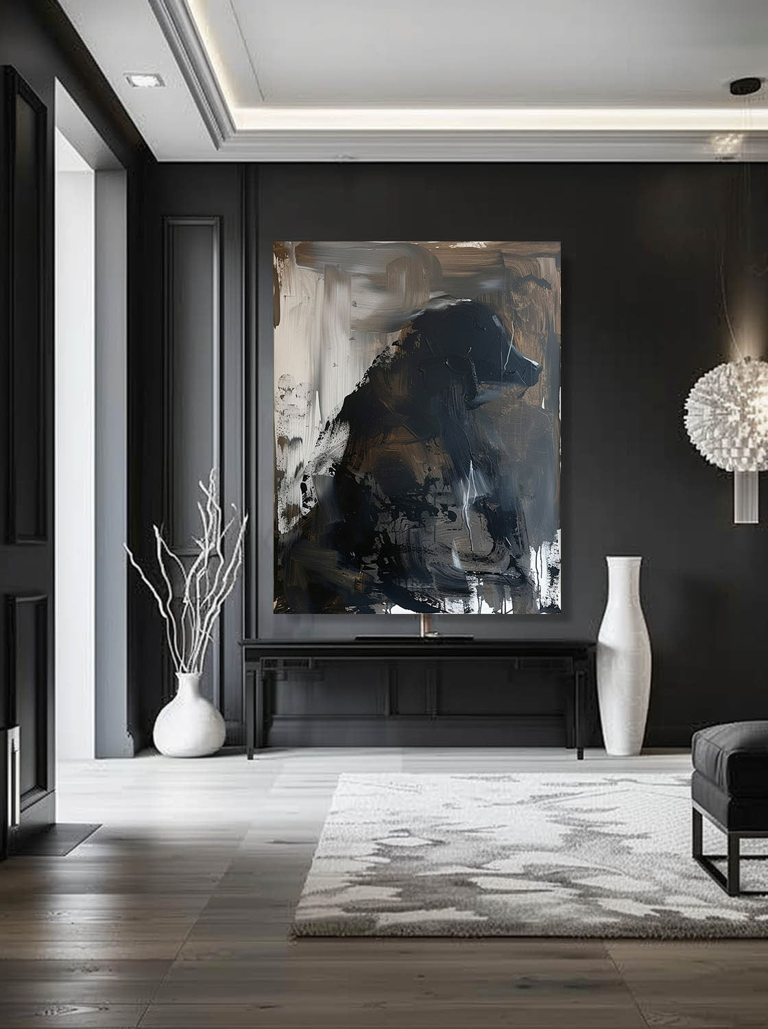 Vintage Black Dog Art Retro Abstract Dog Oil Painting Large Black Dog Oil Painting Minimalist Black Dog Painting