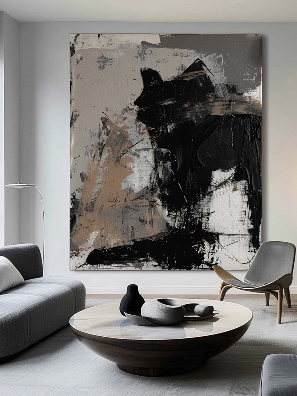 Retro Abstract Black Cat Oil Painting Minimalist Black Texture Wall Art Neutral Tones Canvas Art Original Black And Grey Abstract Art