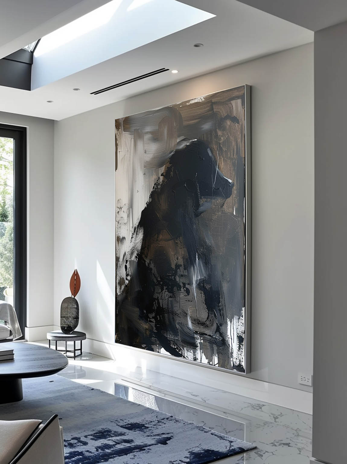 Vintage Black Dog Art Retro Abstract Dog Oil Painting Large Black Dog Oil Painting Minimalist Black Dog Painting
