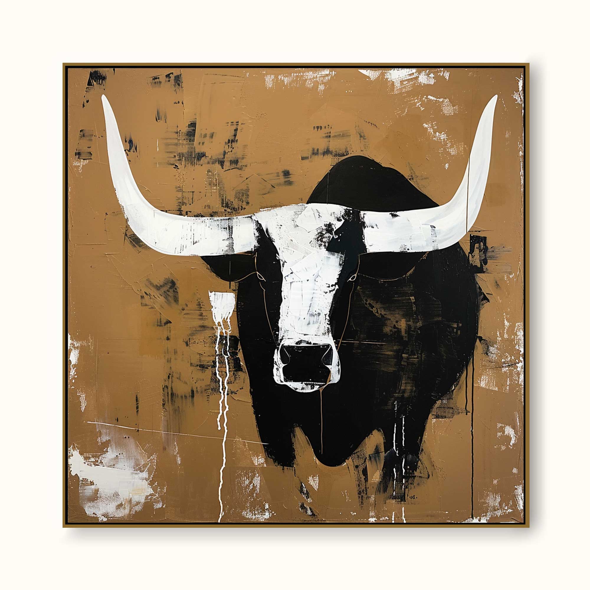 Retro White And Black Bull Horns Wall Art Vintage Bull Abstract Canvas Painting Large Bull Canvas Art