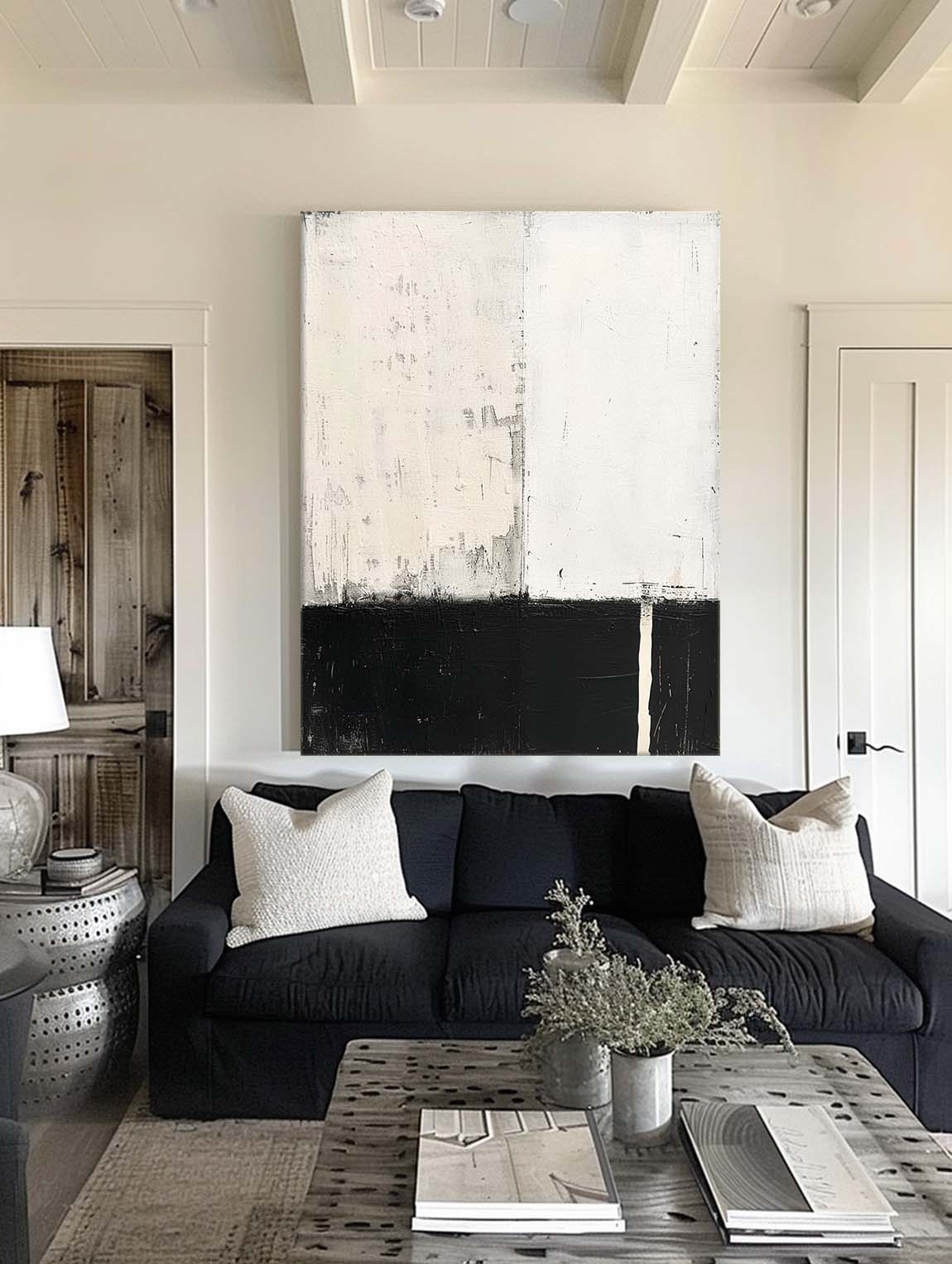 Vintage Original Handmade Abstract Oil Painting Black and White Wall Art Large Black White And Beige Abstract Art