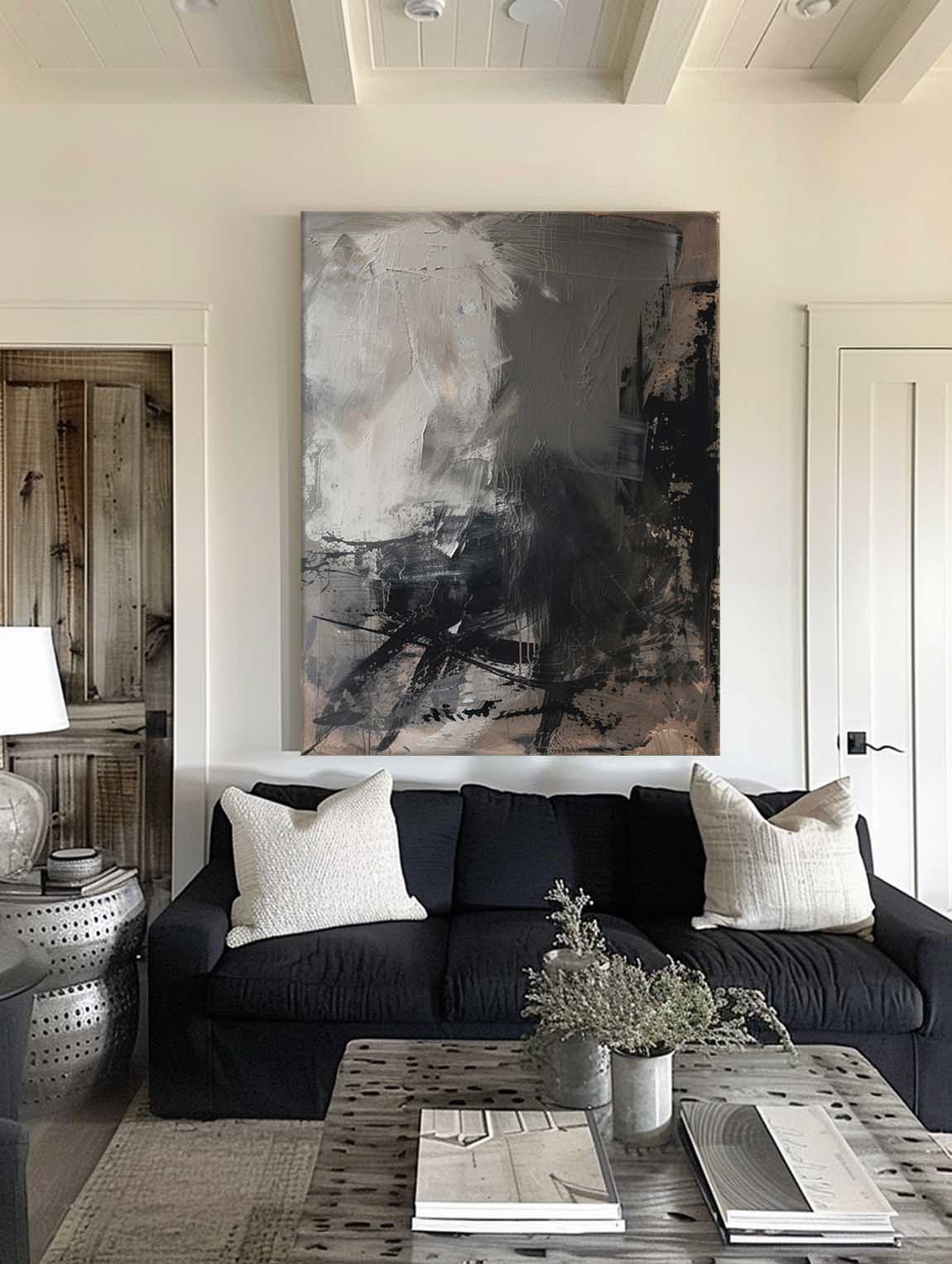 Vintage Black Grey Canvas Art Neutral Grey Black Painting On Canvas Original Black Abstract Wall Art