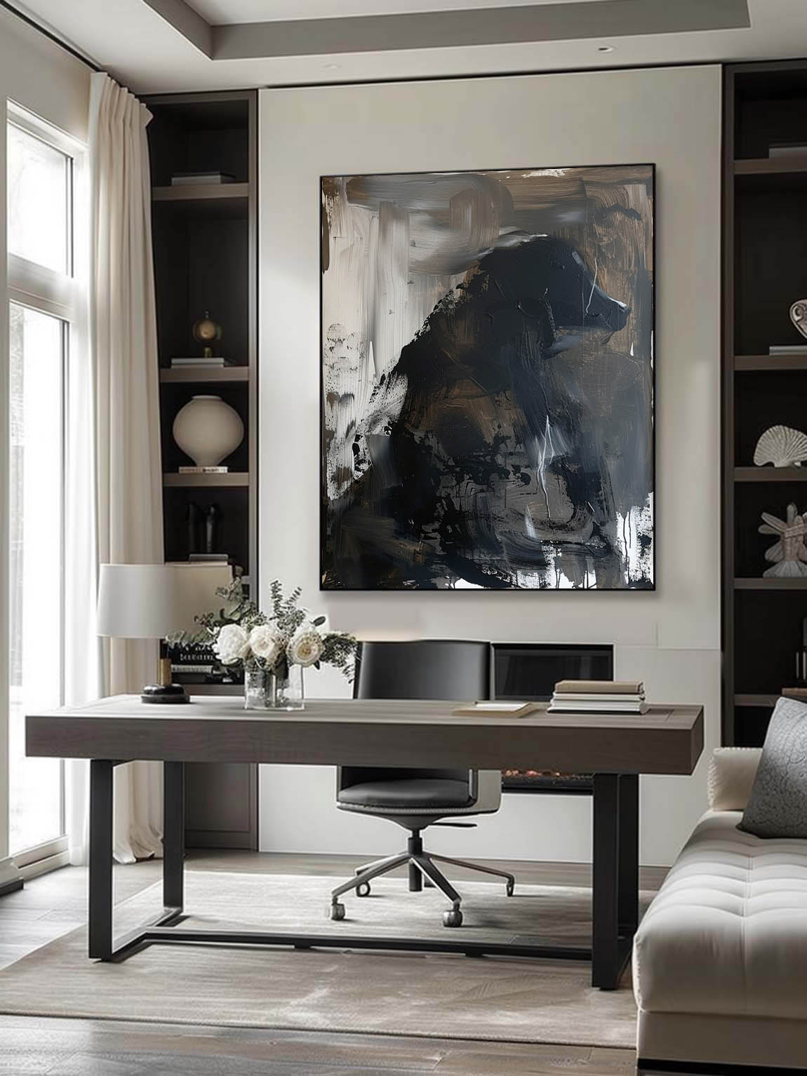 Vintage Black Dog Art Retro Abstract Dog Oil Painting Large Black Dog Oil Painting Minimalist Black Dog Painting