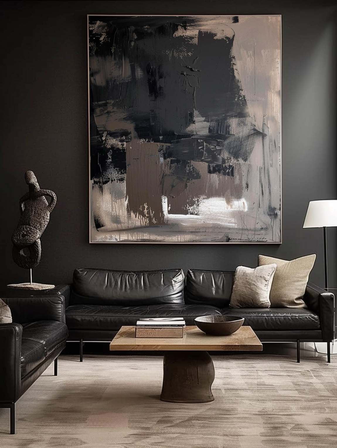 Large Brown And Black Minimalist Abstract Painting Black Wabi Sabi Wall Art Vintage Black Brown Wall Painting