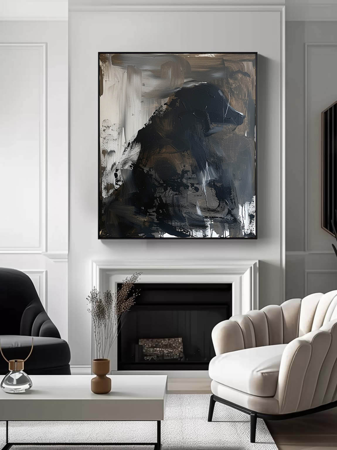 Vintage Black Dog Art Retro Abstract Dog Oil Painting Large Black Dog Oil Painting Minimalist Black Dog Painting