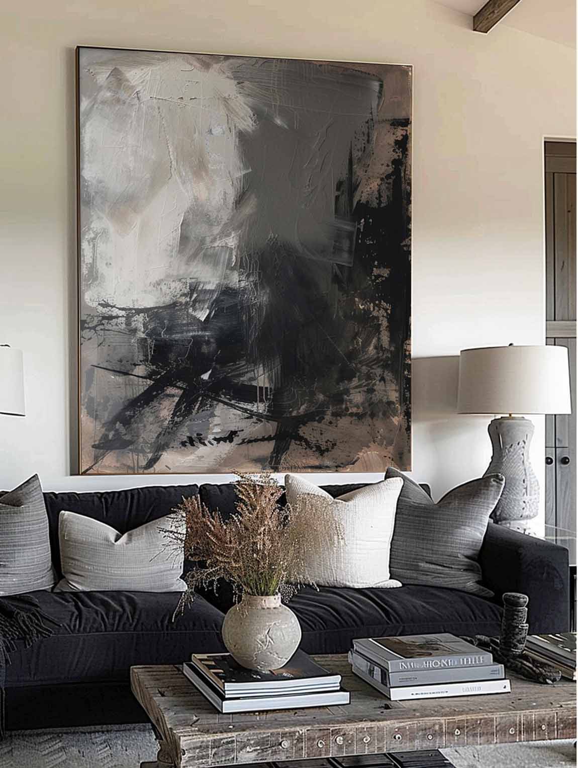 Vintage Black Grey Canvas Art Neutral Grey Black Painting On Canvas Original Black Abstract Wall Art