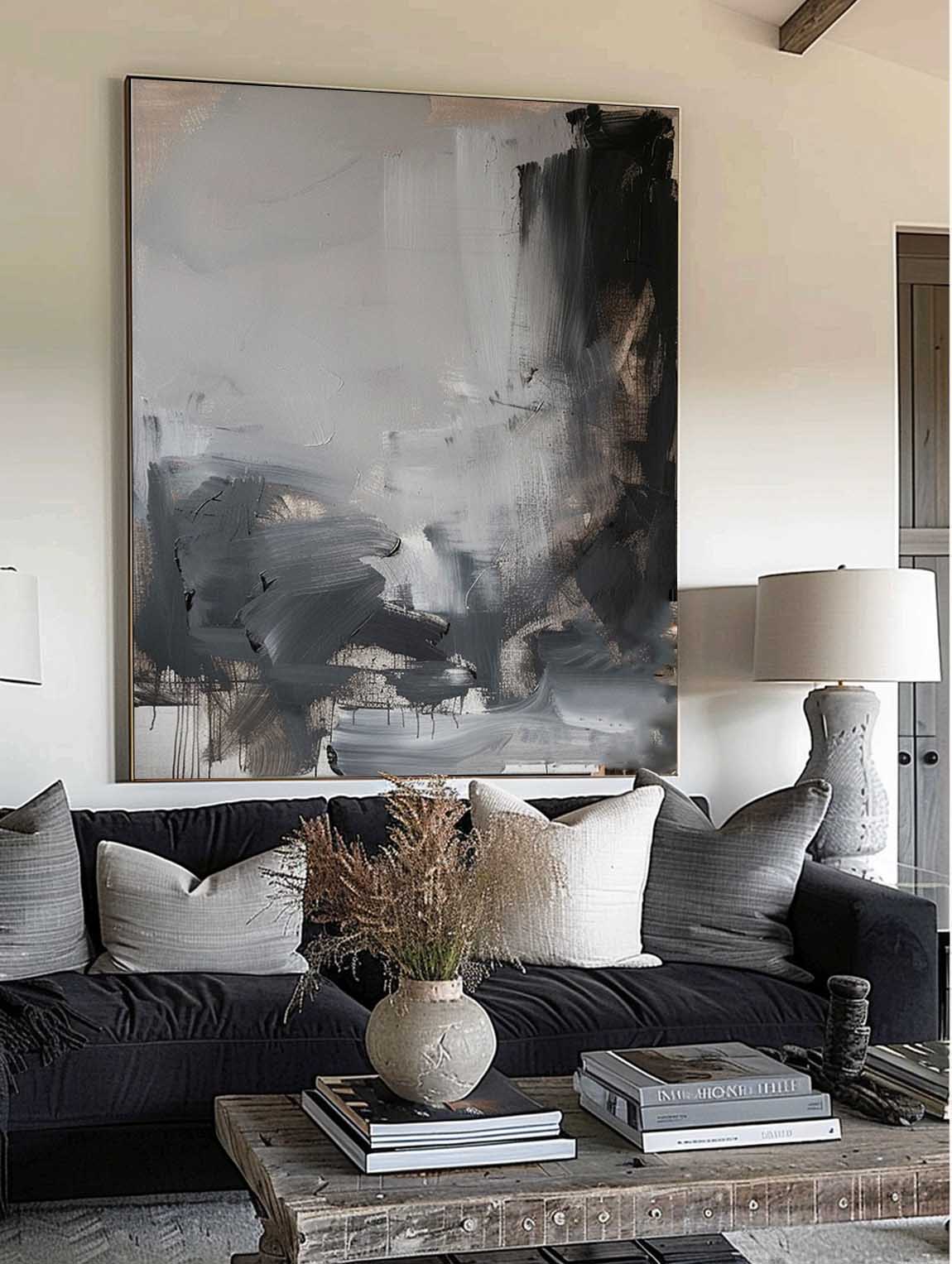 Vintage Black Grey Canvas Wall Art Black Wabi-sabi Painting Custom Texture Oil Painting Black Abstract Wall Art