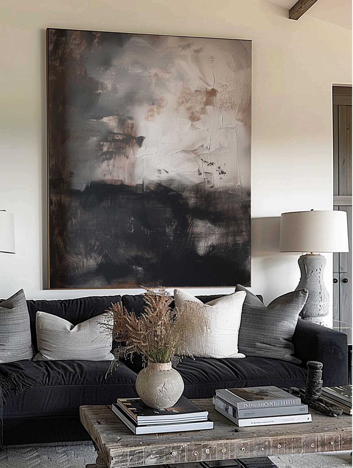 Retro Black Grey Abstract Wall Art Minimalism Black Grey Canvas Art Original Handmade Oil Painting