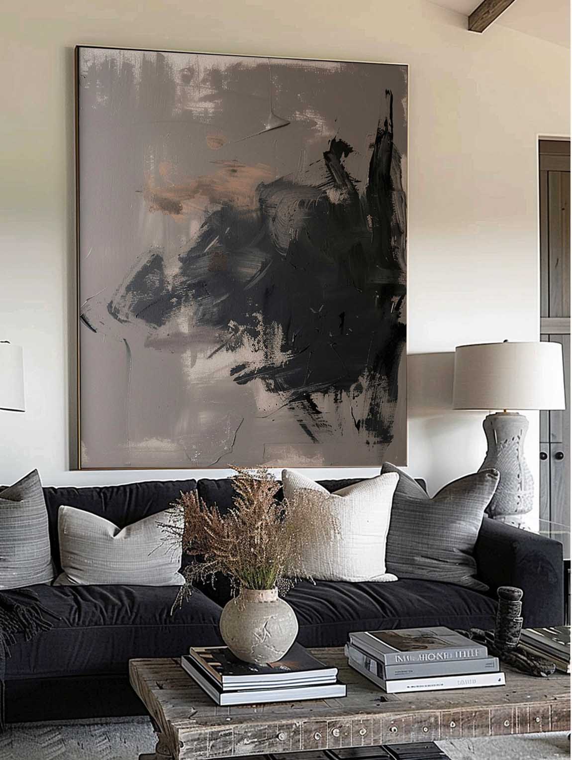 Vintage Black Grey Wabi Sabi Wall Art Neutral Black Abstract Oil Painting Large Black Grey Texture Painting On Canvas