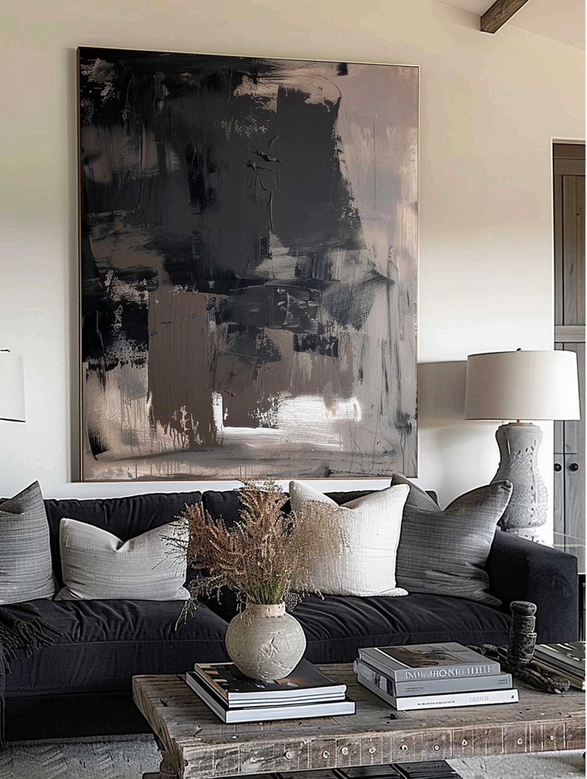 Large Brown And Black Minimalist Abstract Painting Black Wabi Sabi Wall Art Vintage Black Brown Wall Painting