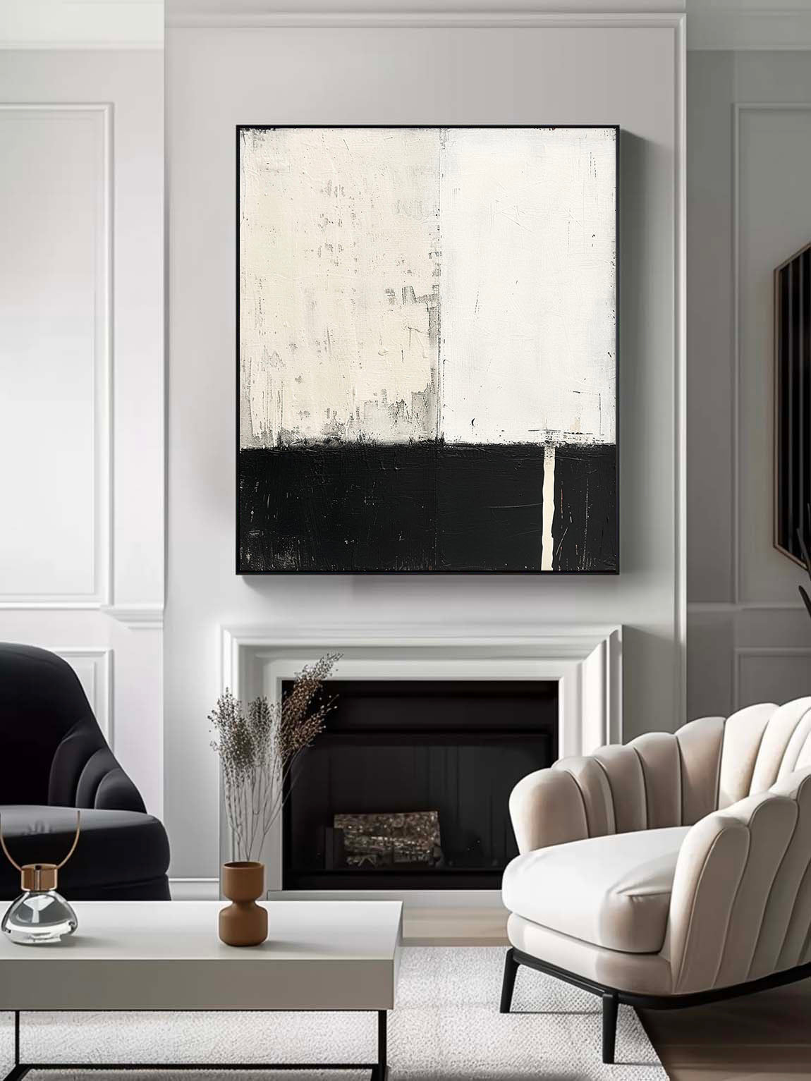 Vintage Original Handmade Abstract Oil Painting Black and White Wall Art Large Black White And Beige Abstract Art