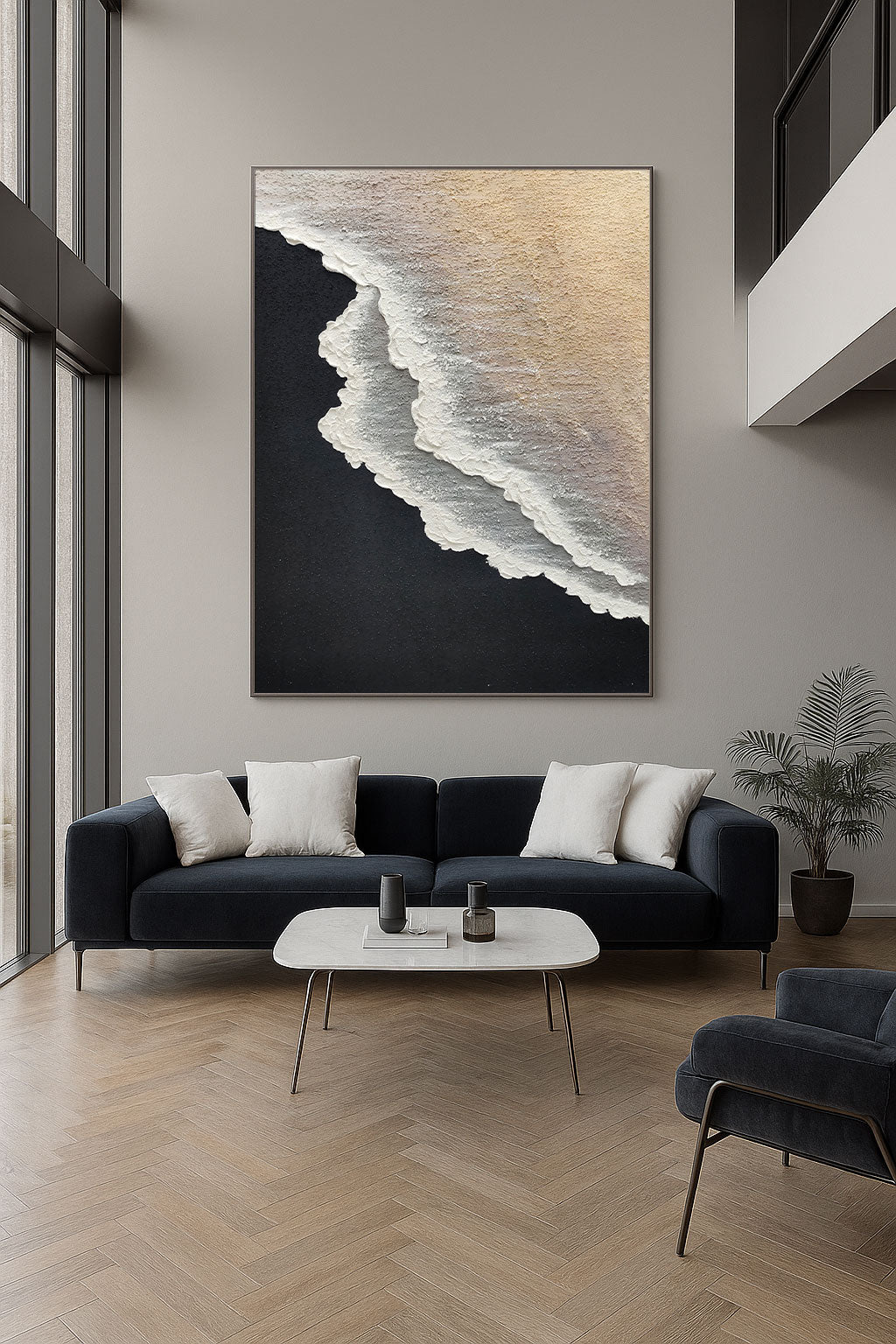 Minimalist 3d Ocean Waves Painting Original Black And White Ocean Beach Painting