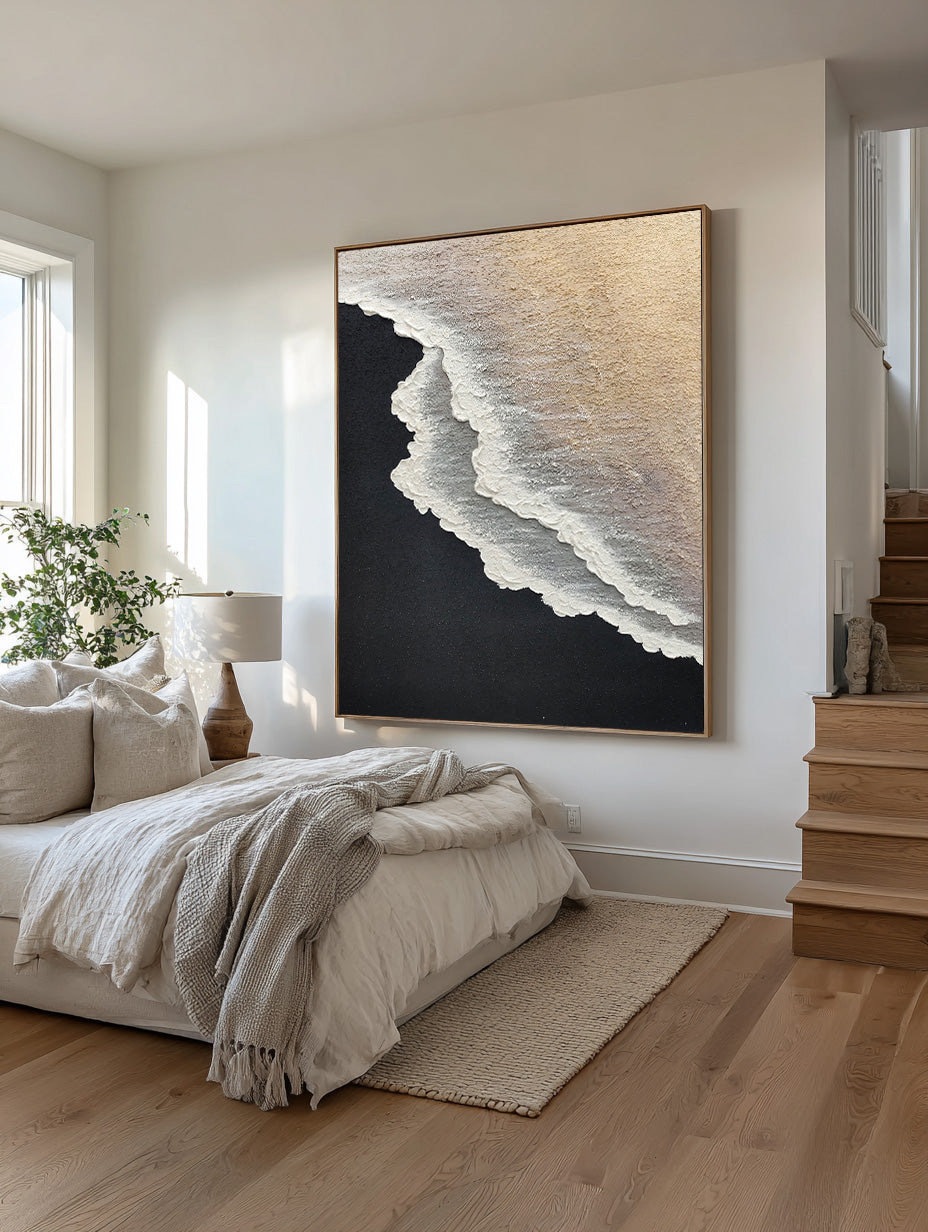 Minimalist 3d Ocean Waves Painting Original Black And White Ocean Beach Painting