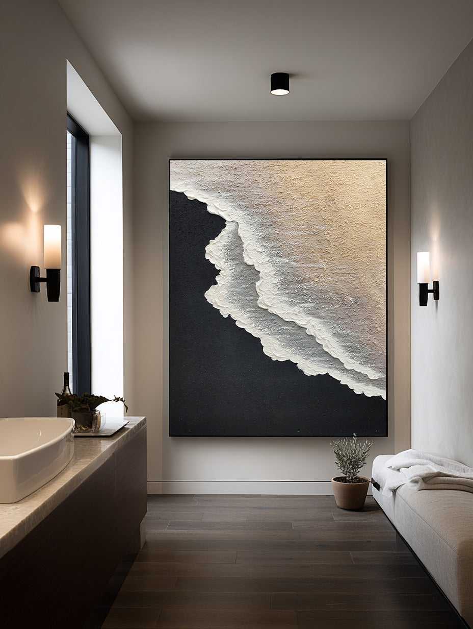 Minimalist 3d Ocean Waves Painting Original Black And White Ocean Beach Painting