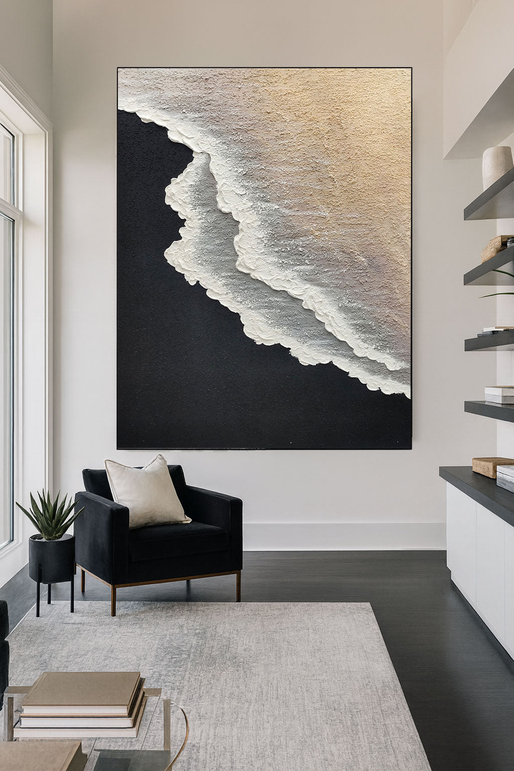 Minimalist 3d Ocean Waves Painting Original Black And White Ocean Beach Painting
