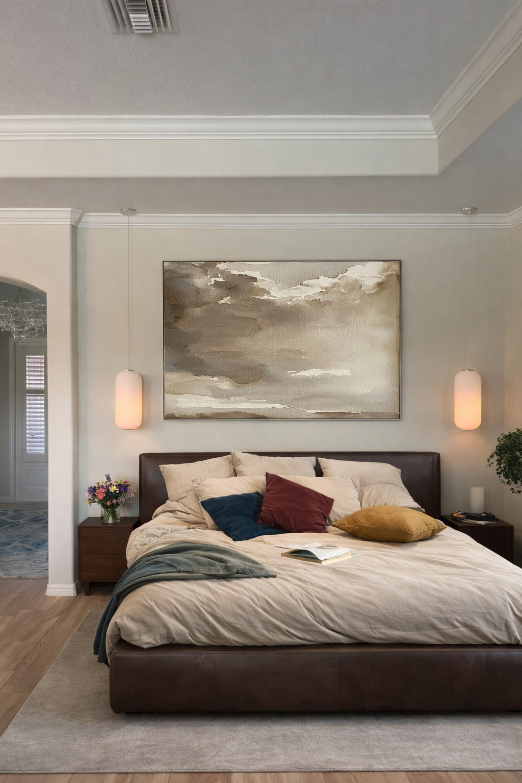 Large Minimalist Brown Landscape Painting Beige Brown Abstract Sky Art Large Neutral Brown Cloud Painting