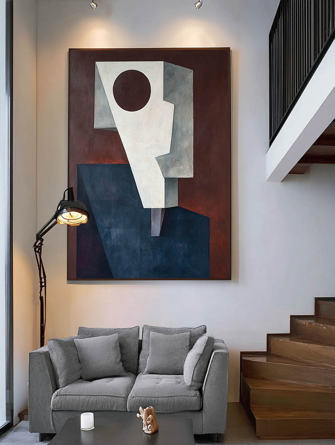 Modern Mask Like Figure In Neutral Tones Large Abstract White And Blue Oil Painting Minimalist Modern Canvas Art