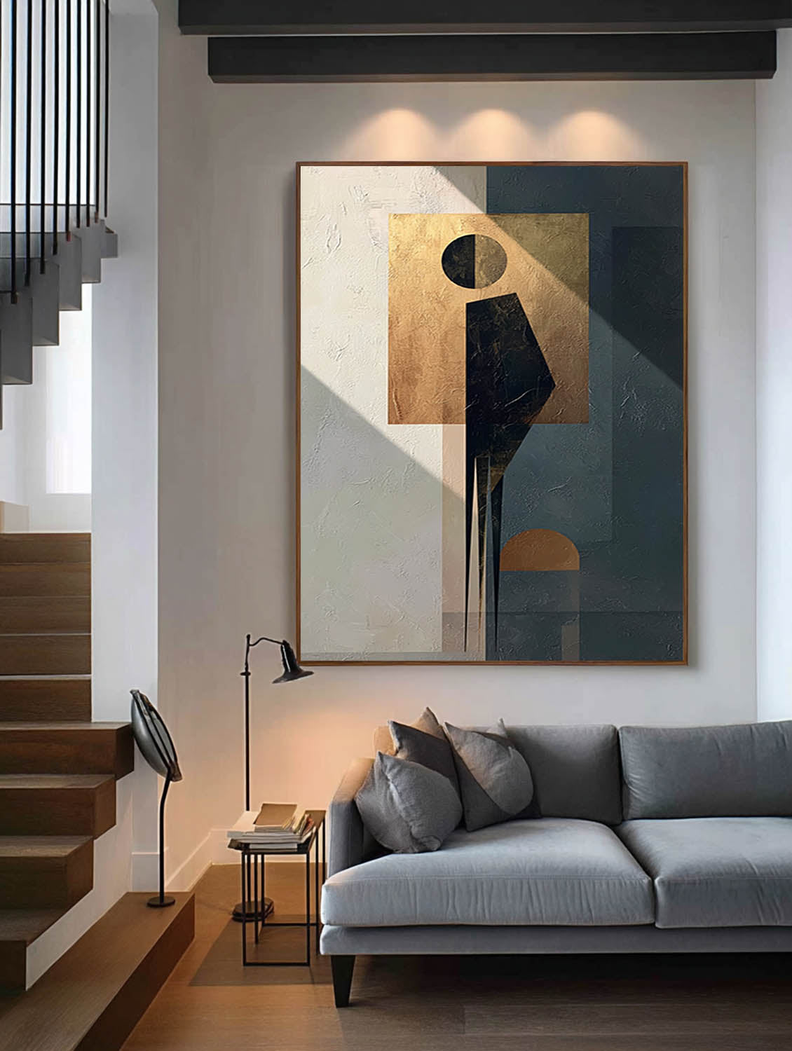 Original Geometric Human Figure Art Black And Gold Minimalist Abstract Wall Art Handmade Abstract Gold Figure Art
