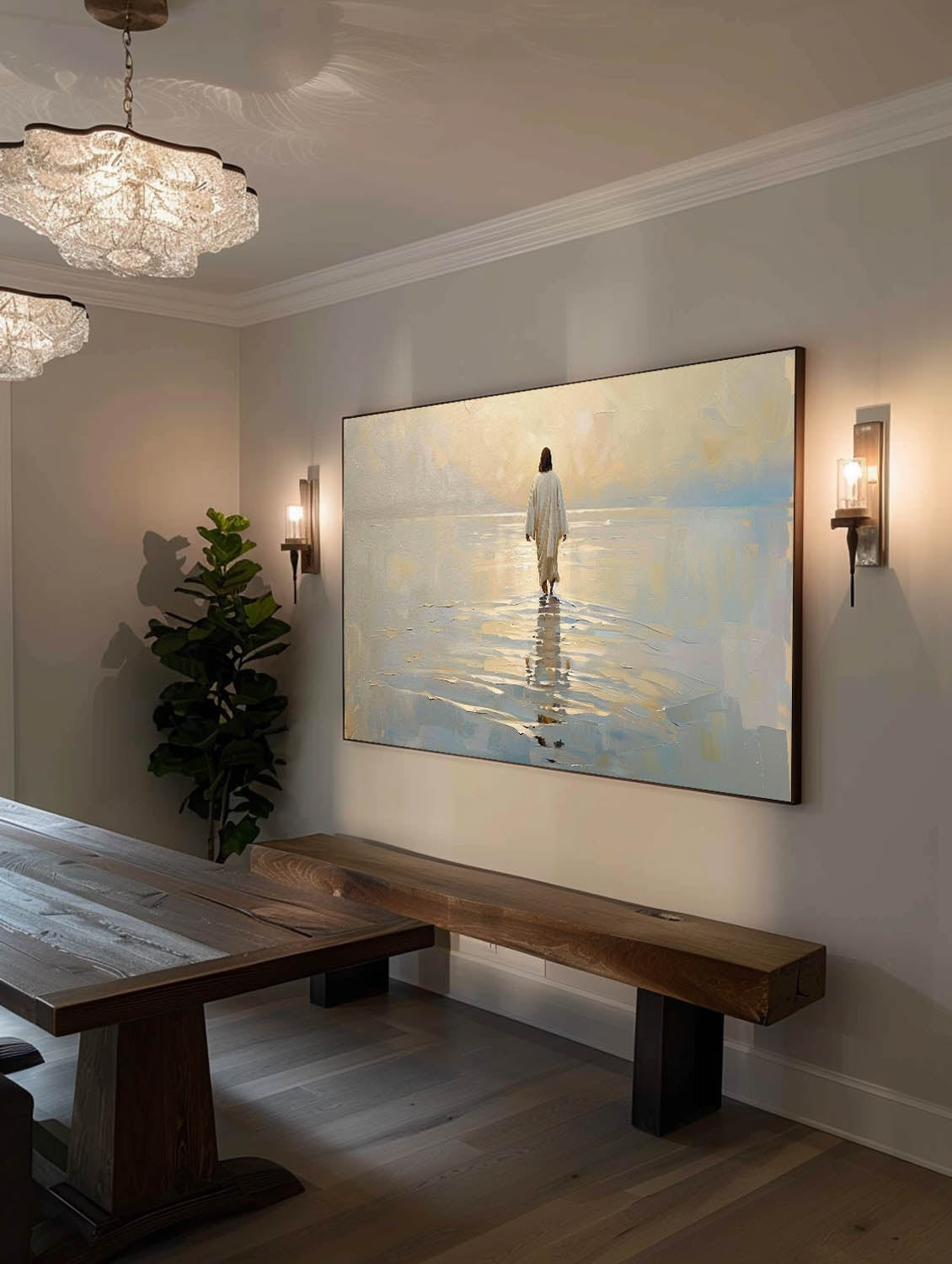 Large Neutral Toned Jesus Walking On Water Painting Pure Hand Drawn Acrylic Painting Of Jesus Original Beige Jesus Wall Art