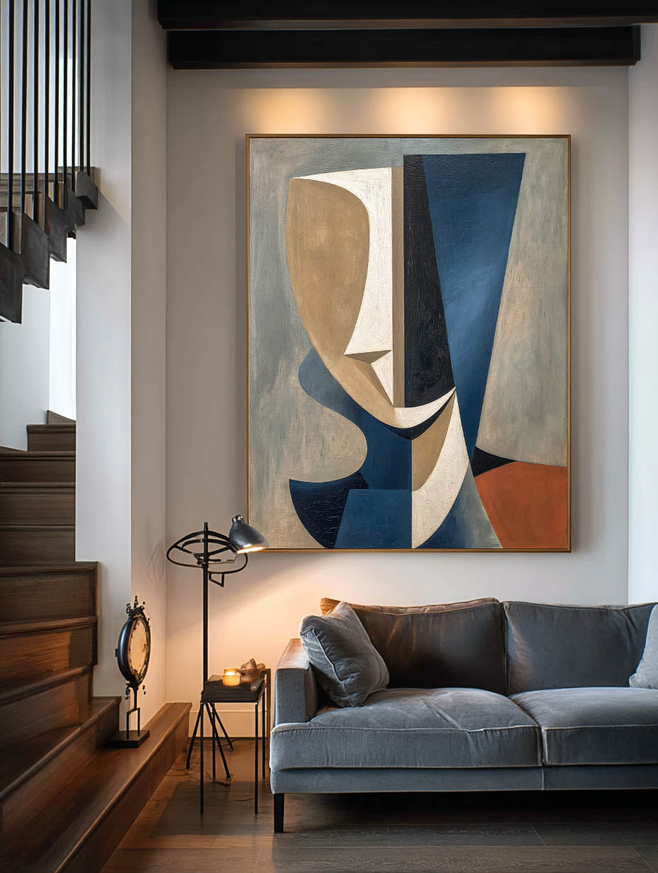 Large Blue and Brown Abstract Face Wall Art Minimalist Abstract Face Art Blue Brown Acrylic Face Painting