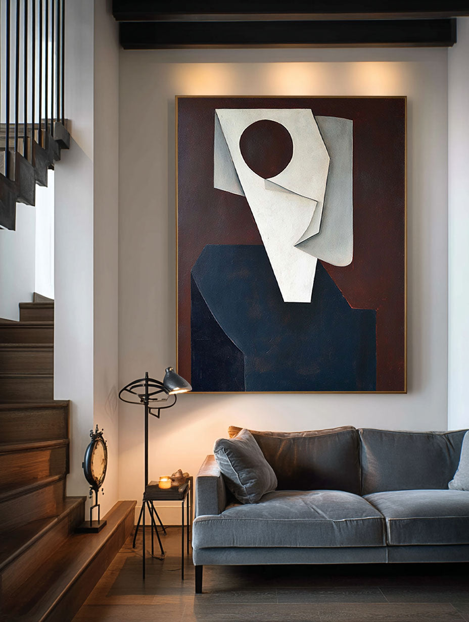 Handmade Minimalist Face Oil Painting Modern Beige Red Portrait Canvas Wall Art Large Geometric Face Canvas Art