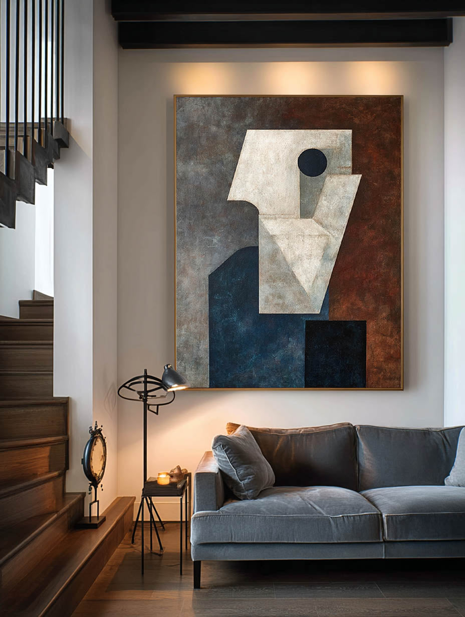 Original Blue And White Geometric Painting Large Blue And White Acrylic Painting Hand-Painted Abstract Geometric Wall Art