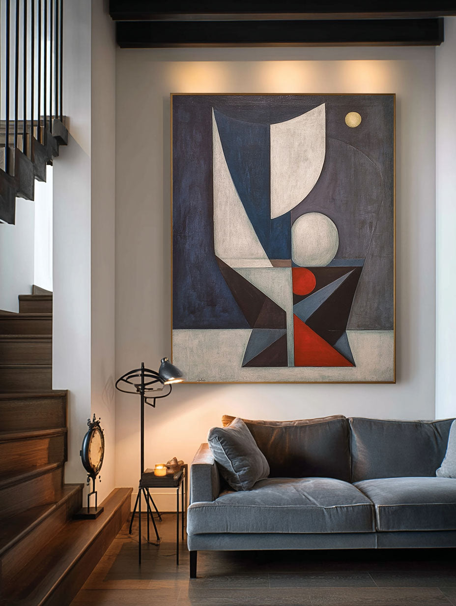 Original Handmade Blue Geometric Art Large Wabi Sabi Geometric Wall Art Modern Blue And Red Abstract Canvas Painting