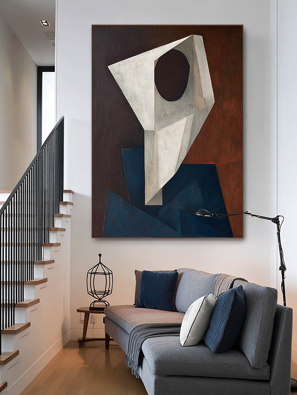 Large White And Blue Wall Art Original Geometric Abstract Oil Painting Contemporary Geometric Oil Painting On Canvas