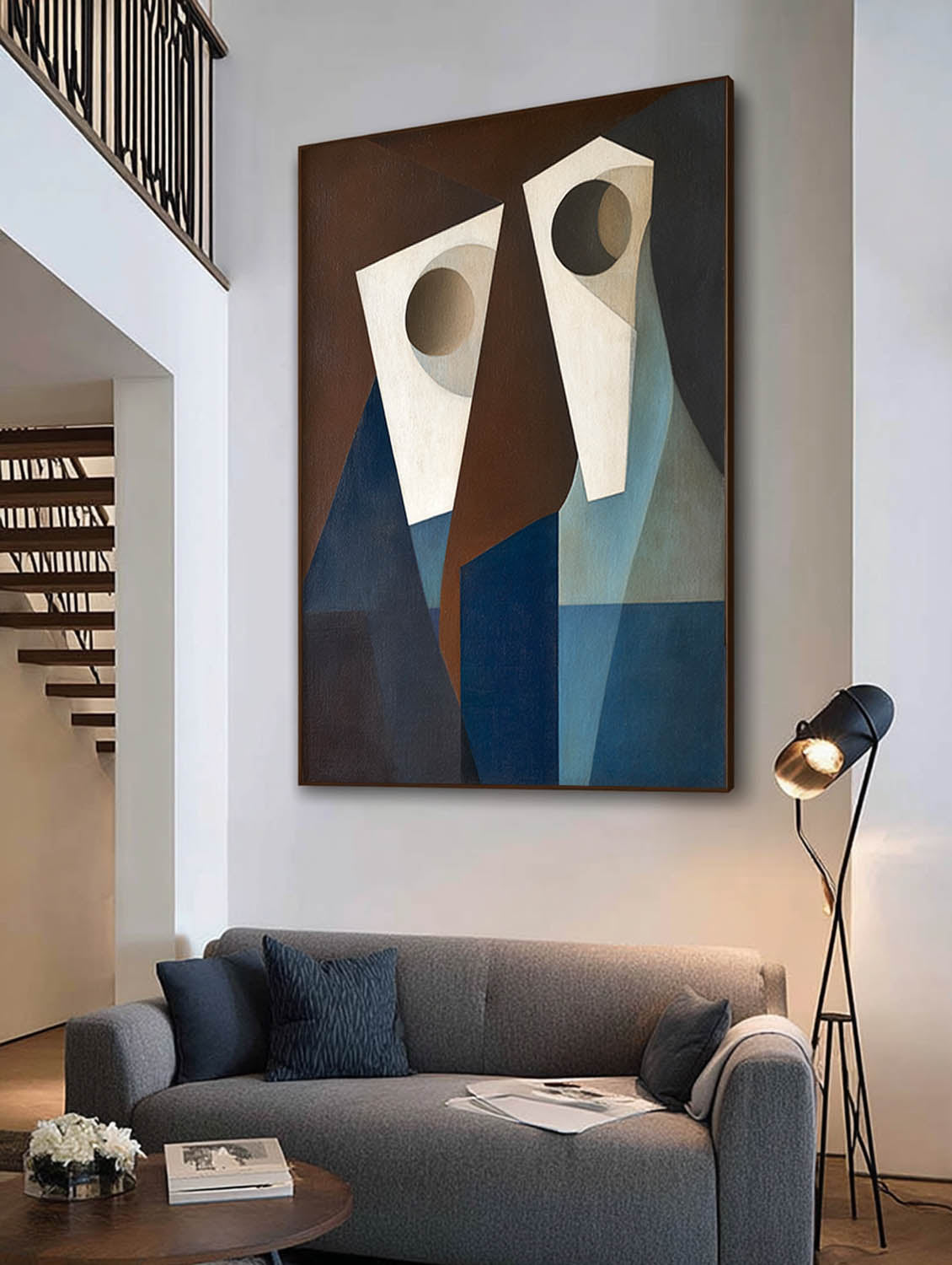 Original Abstract Geometric Human Faces Art Large Beige and Blue Geometric Abstract Faces Art Handmade Minimalist Canvas Wall Decor