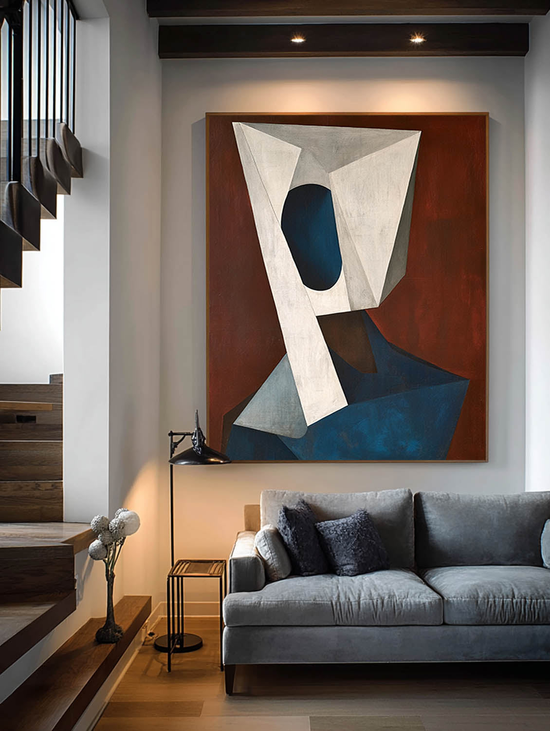 Beige And Navy Minimalist Abstract Geometric Oil Painting Modern Large Beige And Blue Geometric Abstract Oil Painting