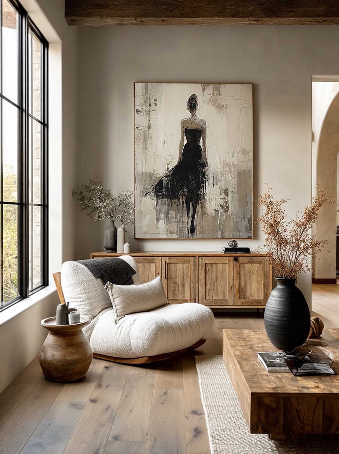 Handmade Modern Woman Art In Black Dress Large Wabi Sabi Female Painting Neutral Abstract Female Figure Oil Painting