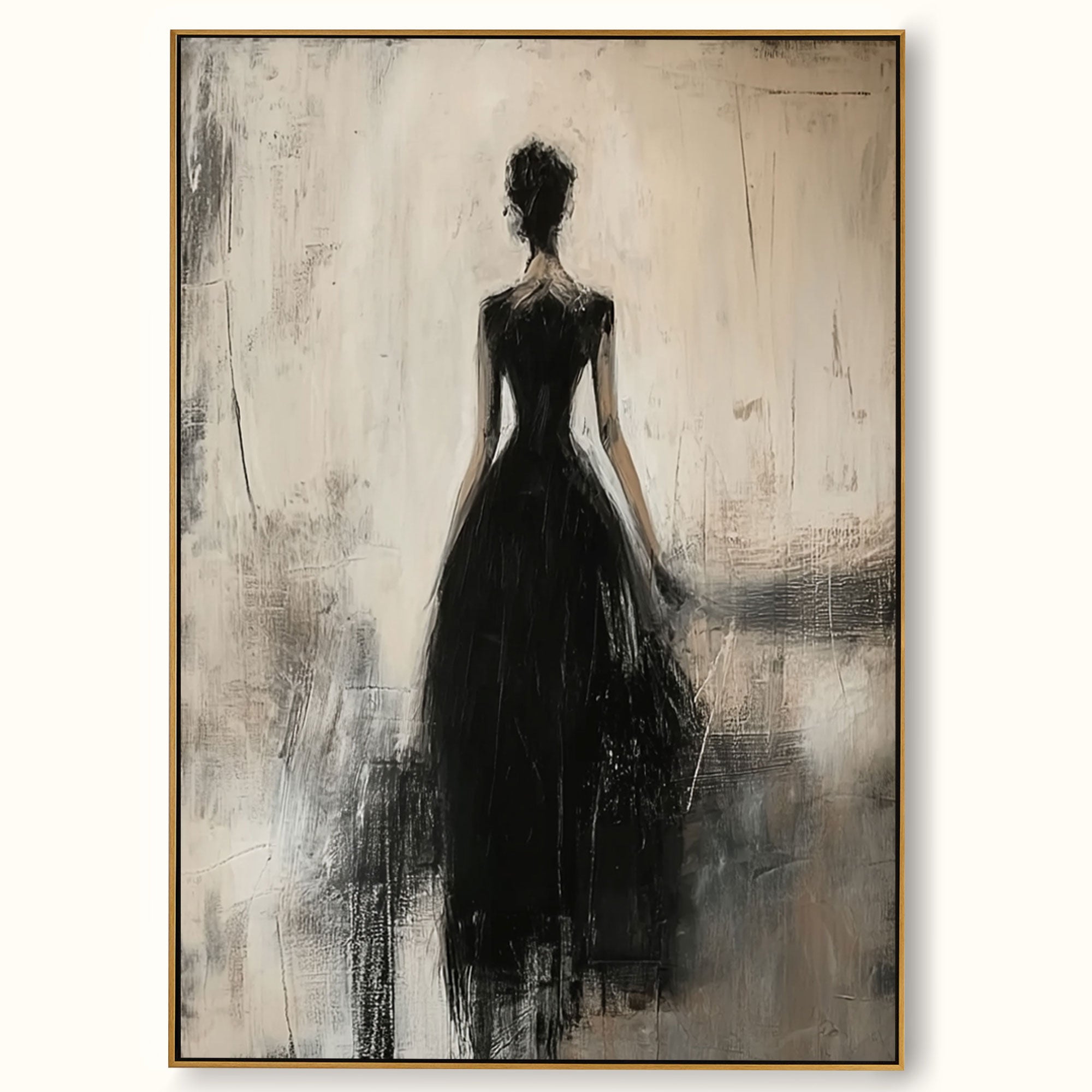 Contemporary Lady Painting In Black Dress Black Wabi-Sabi Abstract Painting Beige And Black Lady Canvas Art