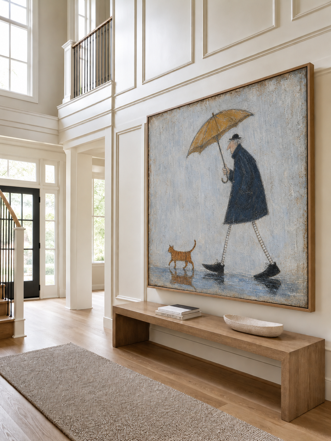 Cat Oil Painting Man With Umbrella Canvas Wall Art For Cozy Study Decor