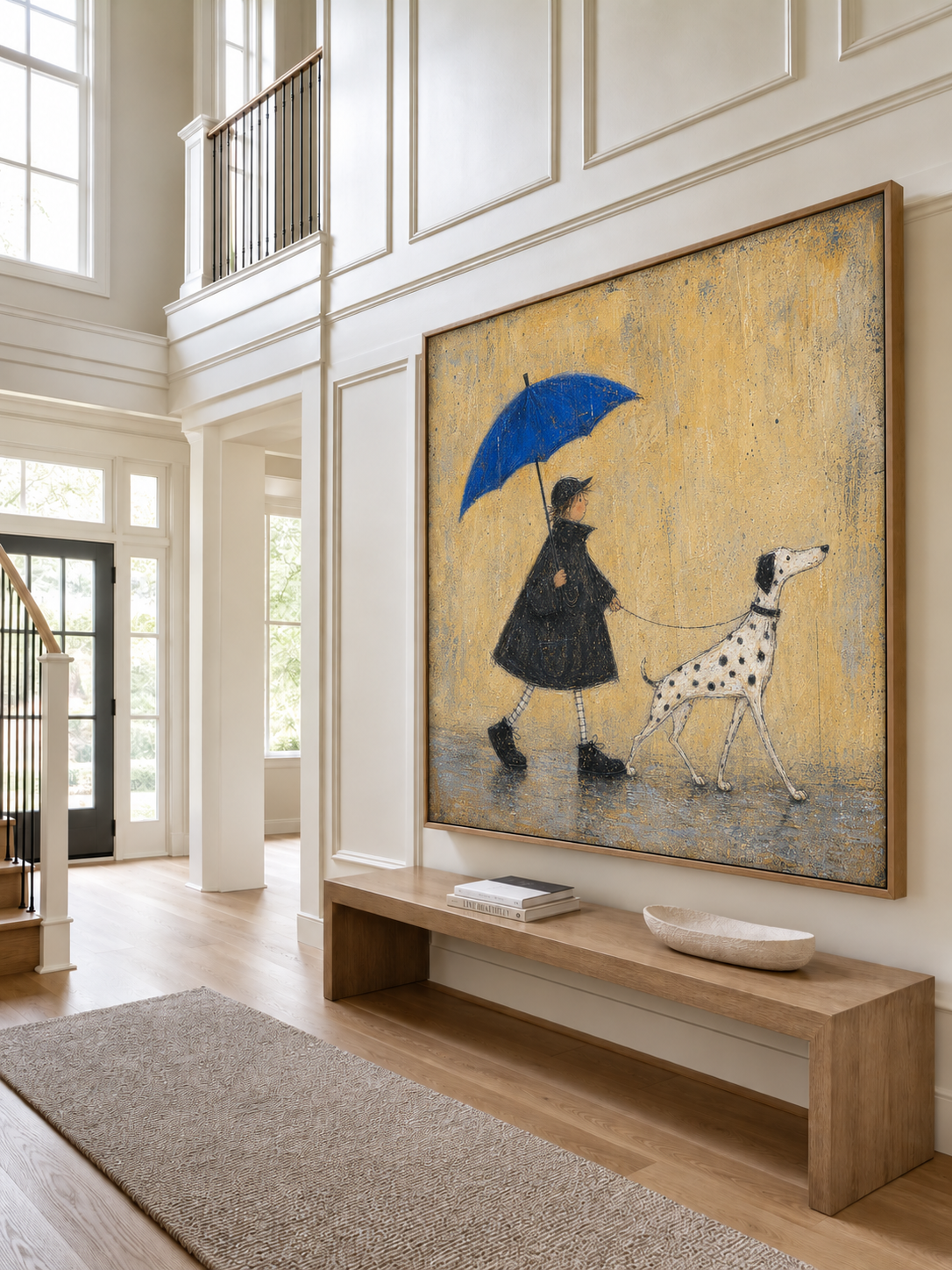 Dog Painting On Canvas Boy And Dalmatian Wall Art Blue Umbrella Decor