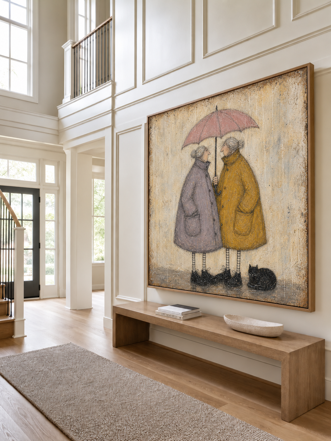 Original Oil Painting Elderly Couple Umbrella Wall Art Love Story Decor Gift