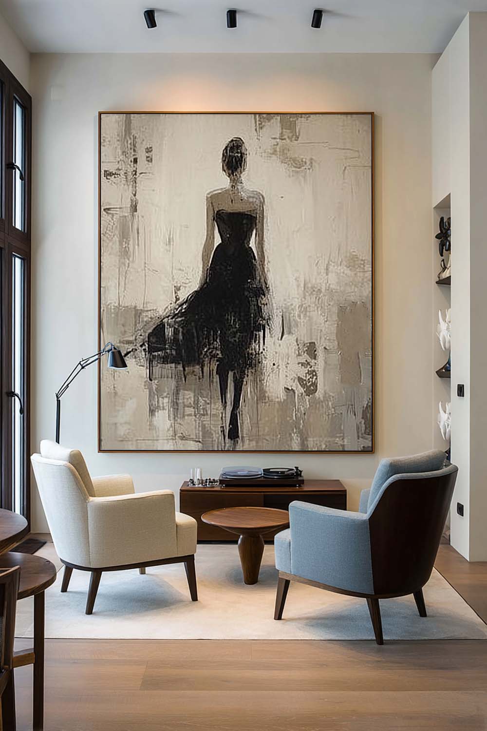 Handmade Modern Woman Art In Black Dress Large Wabi Sabi Female Painting Neutral Abstract Female Figure Oil Painting